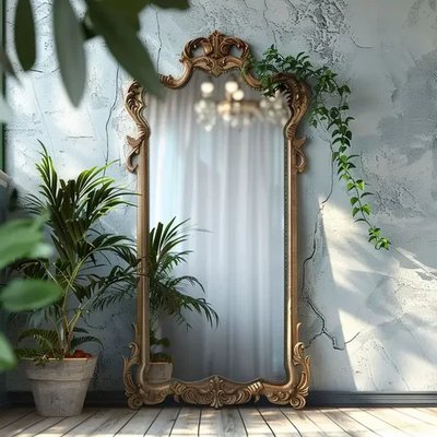 Grand miroir ancien doré avec cadre orné, entouré de plantes vertes dans une pièce lumineuse