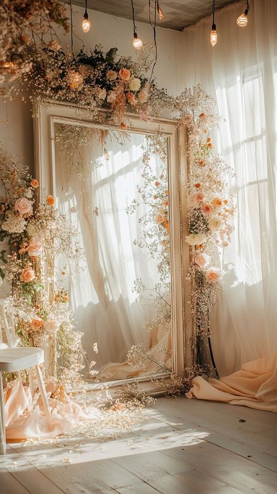 Grand miroir encadré de fleurs fraîches et séchées aux tons pastel, éclairé par la lumière naturelle d’une fenêtre voilée