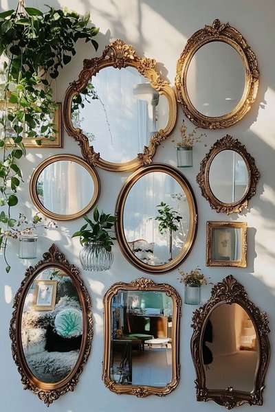 Mur décoratif avec collection de miroirs vintage dorés et plantes suspendues, reflétant la lumière naturelle