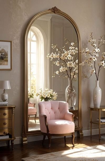 Grand miroir doré reflétant un fauteuil rose capitonné et un vase de fleurs blanches dans un salon élégant