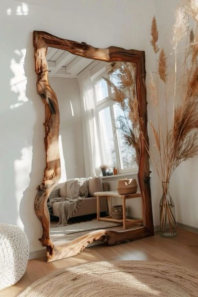 Grand miroir avec cadre en bois brut reflétant un salon lumineux au décor bohème et tons naturels