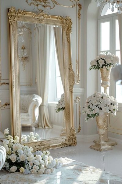 Grand miroir doré au style baroque dans un intérieur blanc élégant, entouré de bouquets de roses blanches en vases décoratifs