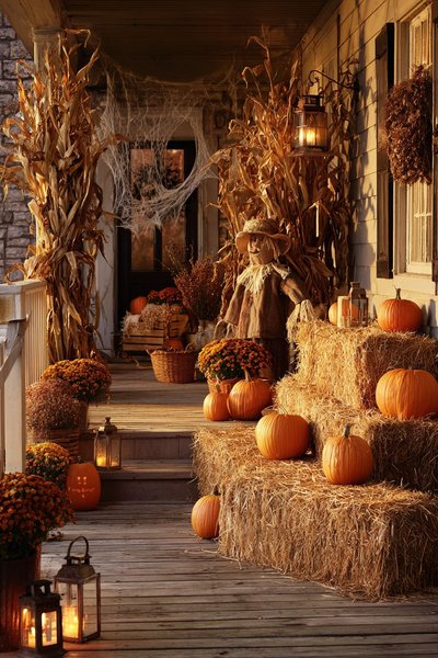 Galerie décorée pour l'automne avec des citrouilles, des bottes de foin, un épouvantail, des fleurs de saison et des lanternes, créant une ambiance rustique et accueillante.