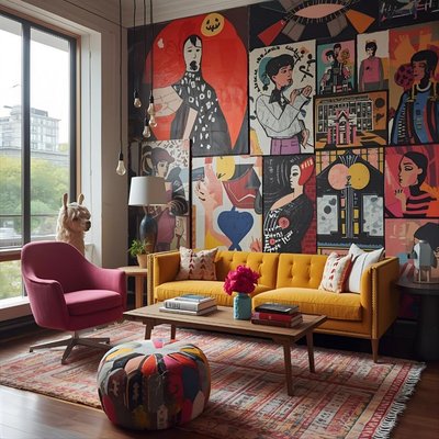 Salon audacieux avec un mur galerie de portraits graphiques colorés, un canapé jaune moutarde, une chaise rose et un pouf multicolore sur un tapis berbère Source - Imagination Station Pinterest