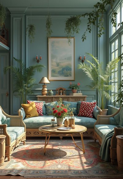 Salon lumineux aux murs vert sauge avec mobilier en rotin, canapé bleu pâle, coussins colorés et plantes vertes créant une ambiance naturelle et élégante par Interoluxe Pinterest