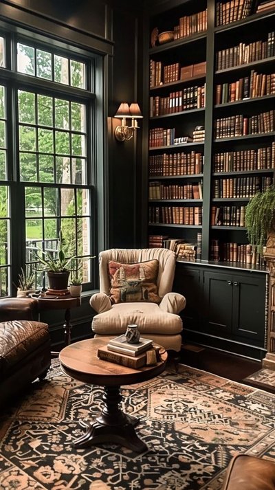 Bibliothèque élégante avec murs vert foncé par Isabelle Briffa Pinterest Bibliothèque élégante avec murs vert foncé, fauteuil beige, grandes fenêtres lumineuses et étagères remplies de livres anciens créant une ambiance chaleureuse et raffinée par Isabelle Briffa Pinterest