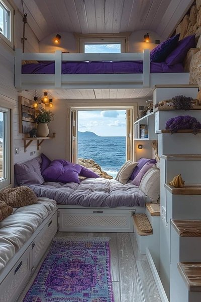 Petite chambre cosy avec lits superposés, coussins mauves, vue panoramique sur la mer Méditerranée et décoration chaleureuse en bois blanc Source - Jeanette Whittock Pinterest