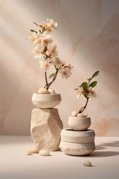 Arrangement floral zen avec branches fleuries et galets dans des bols de pierre empilés, sur fond beige texturé Source - JejuBlooming Kitchen Ideas Kitchen Interior Pinterest