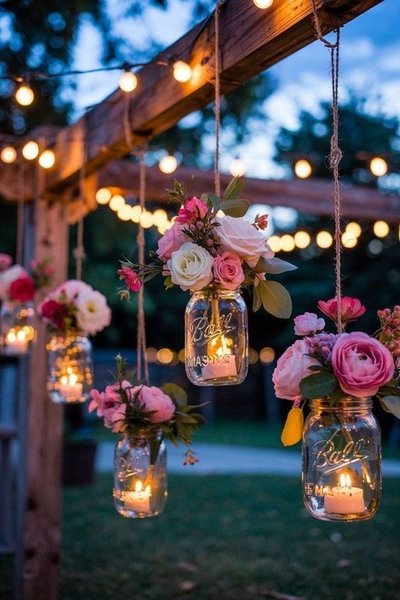 Pots Mason suspendus remplis de chandelles allumées et de fleurs roses, sous une pergola illuminée en soirée Source - Jenny Vargas Pinterest