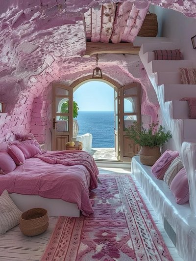Chambre troglodyte aux murs roses avec vue panoramique sur la mer, lit habillé de linge rose, tapis assorti, et décoration méditerranéenne chaleureuse Source - Kabubi Pinterest