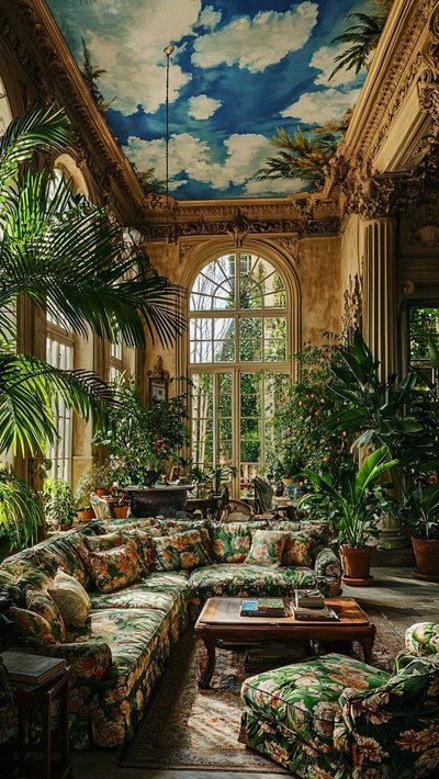 Salon luxuriant de style classique avec plafond peint de nuages par KasiuVista Pinterest Salon luxuriant de style classique avec plafond peint de nuages, grandes fenêtres cintrées, canapé floral et nombreuses plantes vertes créant une ambiance tropicale et élégante par KasiuVista Pinterest