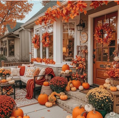 Façade de maison décorée pour l'automne avec citrouilles Source - kerry black Pinterest Façade de maison décorée pour l'automne avec citrouilles, chrysanthèmes colorés, coussins orangés, couronnes de feuilles et guirlandes d'érable, créant une ambiance chaleureuse et festive sur la terrasse Source - kerry black Pinterest