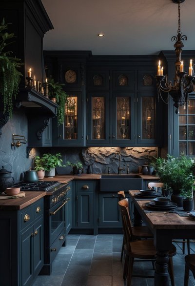 Cuisine au style vintage élégant avec armoires bleu charbon, comptoirs en bois, dosseret en pierre naturelle, éclairage tamisé et accents dorés, le tout rehaussé de plantes vertes et d'un lustre classique à chandelles Source - Kitchen Informant Pinterest