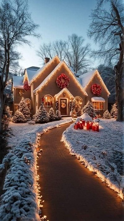 Maison enneigée décorée pour Noël avec des guirlandes lumineuses, de grandes couronnes rouges et un chemin illuminé bordé de sapins et de cadeaux rouges Source - Laira Pinterest