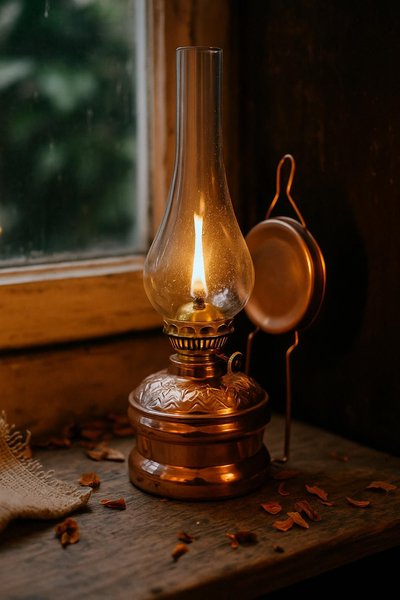 Source Etsy Lampe de table de style lampe à huile vintage en laiton avec verre transparent, posée sur un rebord de fenêtre en bois, image Pinterest
