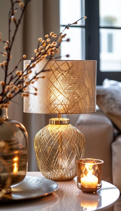 Photo par Lampgiant.fr Lampe de table avec pied ajouré doré et abat-jour beige, posée sur une table près d'une bougie allumée, image Pinterest