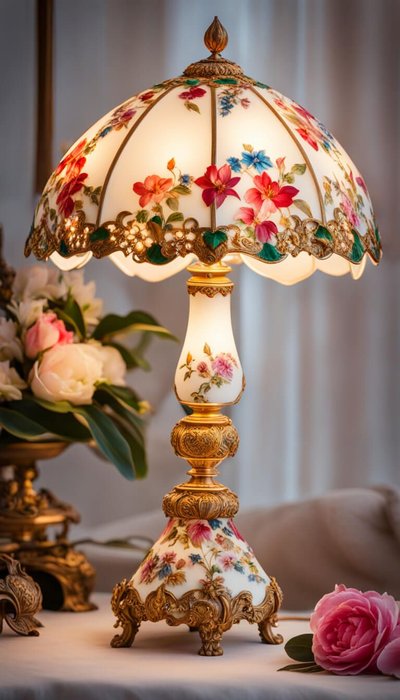 Photo par Maria Viagens Flores Natureza Arte AI Decoração Lampe de table avec pied et abat-jour ornés de fleurs colorées et détails dorés, image Pinterest