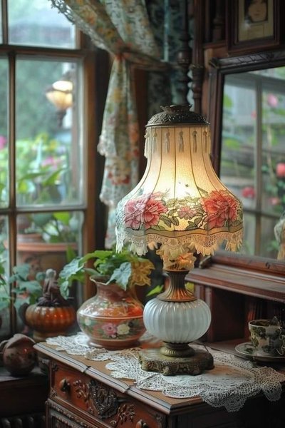 Photo par Mary Beth Adams Lampe de table avec abat-jour fleuri et dentelle, posée sur une commode ancienne décorée de napperons en crochet, photo Pinterestpar Mary Beth Adams avec abat-jour fleuri et dentelle, posée sur une commode ancienne décorée de napperons en crochet, image Pinterest