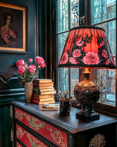 Photo par Sandra de Oliveira Lampe de table avec abat-jour rouge orné de roses, posée sur une commode décorée, image Pinterest