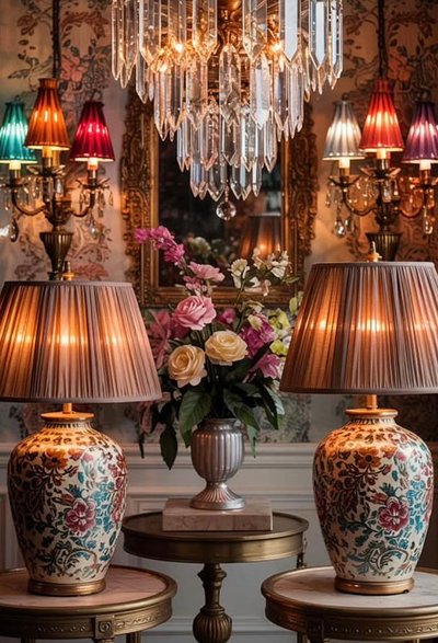 Paire de lampes de table en céramique à motifs floraux avec abat-jour plissé, disposées dans un intérieur élégant avec lustre en cristal et appliques colorées