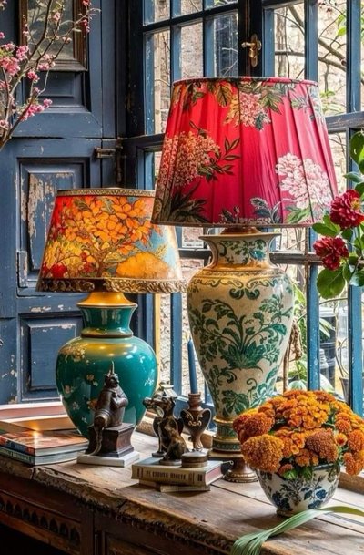 Photo par Jenna Taylor Lampes vintage avec pieds en céramique et abat-jour floraux colorés, disposées sur une table en bois près d'une fenêtre, image Pinterest