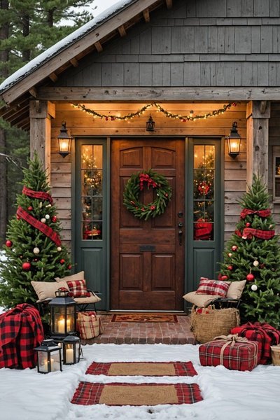 Entrée de chalet décorée pour Noël avec sapins illuminés, coussins à carreaux, lanternes, couronne festive et guirlandes lumineuses Source - LauraLivingRoomInspirations Pinterest