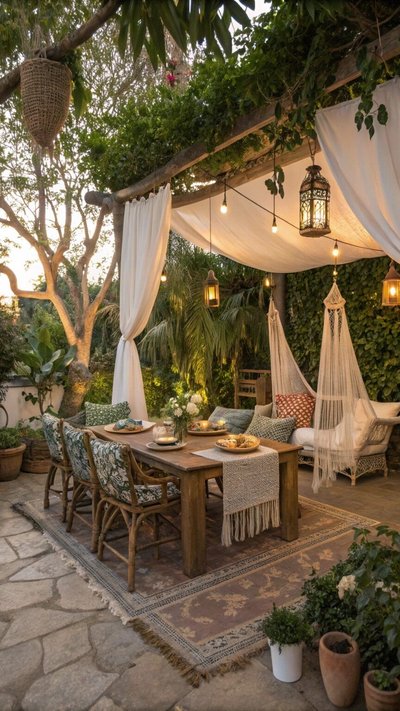Terrasse bohème extérieure avec voilages blancs, table en bois rustique, hamac suspendu et lanternes créant une ambiance douce et chaleureuse au coucher du soleil Source - Lawn Care Container Gardening Landscaping Composting Pinterest