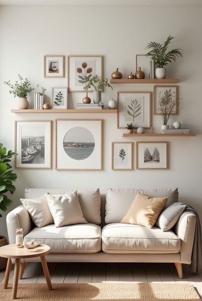 Salon lumineux au style scandinave avec canapé beige et galerie murale décorée de cadres en bois clair, plantes vertes et illustrations botaniques pour une ambiance douce et naturelle Source - LIFE MORE LIFE Pinterest