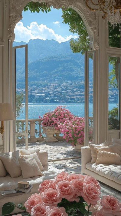 Salon élégant avec vue panoramique sur un lac scintillant, des montagnes en arrière-plan et des massifs de fleurs roses sur la terrasse Source - Lily Painter Pinterest