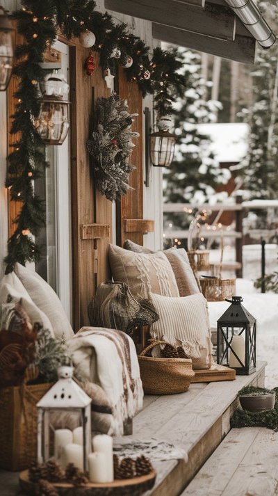 Terrasse extérieure décorée pour Noël avec coussins, couvertures, lanternes, guirlandes de sapin et couronne givrée dans un style rustique et chaleureux Source - Linda J. Campbell