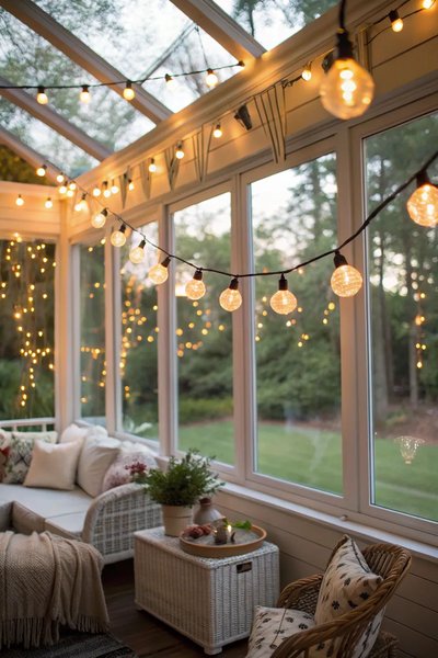 Solarium cosy avec guirlandes lumineuses Source - Little Homegems ♥ Cozy Inspiration & Home Ideas Pinterest Solarium cosy avec guirlandes lumineuses suspendues, canapé blanc, mobilier en rotin et vue sur un jardin en fin de journée Source - Little Homegems ♥ Cozy Inspiration & Home Ideas Pinterest