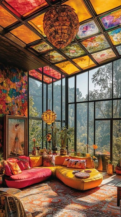 Solarium éclectique et coloré avec plafond en vitraux, mobilier vibrant jaune et rose, plantes d'intérieur et vue sur la forêt en arrière-plan Source - Living Bright InteriorsPinterest