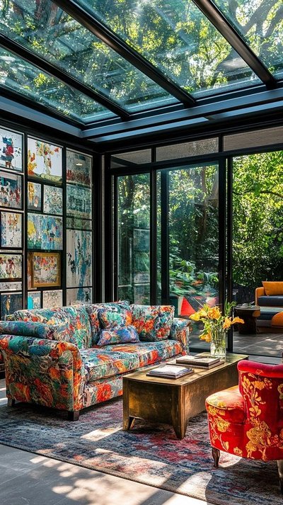 Solarium moderne avec toit en verre Source - Living Bright Interiors Pinterest Solarium moderne avec toit en verre, canapé fleuri multicolore, fauteuil rouge à motifs, mur artistique et vue sur un jardin verdoyant Source - Living Bright Interiors Pinterest