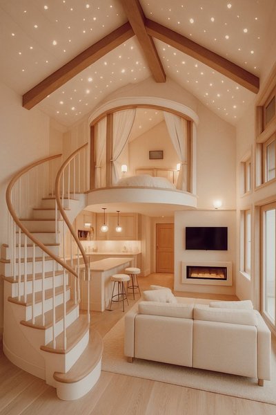 Intérieur d'un loft moderne en tons crème avec escalier en colimaçon, chambre en mezzanine avec lit à baldaquin, salon cosy, cuisine ouverte et plafond étoilé Source - ✨livvy✨ Pinterest