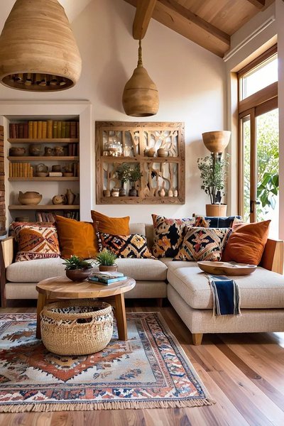 Salon bohème avec canapé beige, coussins à motifs ethniques, table basse en bois, tapis oriental et décoration murale sculptée en bois naturel Source - Lorine Kilback Pinterest