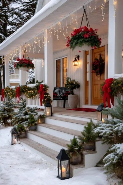 Entrée de maison décorée pour Noël avec guirlandes de sapin, rubans rouges, lanternes à bougies, pots de sapins enneigés et lumières suspendues Source - Lovely Harbor - Home Decor Organization Garden Ideas Pinterest