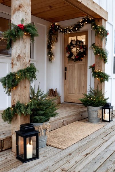 Entrée rustique décorée pour Noël avec couronne sur porte en bois, guirlandes de sapin, mini sapins dans des seaux en métal et lanternes à bougie Source - Lovely Harbor - Home Decor Organization Garden Ideas Pinterest