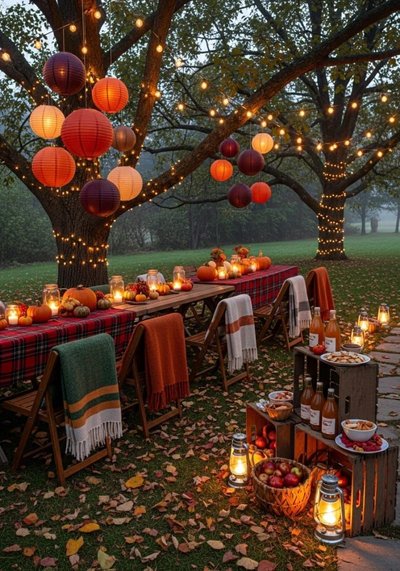 Souper festif d'automne en plein air avec lanternes, citrouilles, guirlandes lumineuses, couvertures sur les chaises et décor champêtre sous les arbres illuminés Source - Lovely Harbor - Home Decor Organization Garden Ideas Pinterest