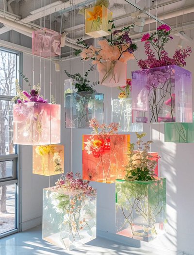Installation artistique suspendue composée de cubes transparents colorés contenant des fleurs naturelles, dans une pièce lumineuse au style contemporain Source - Lu jinjing Pinterest