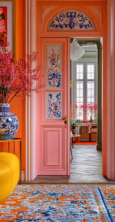 Vue intérieure d'un appartement coloré avec une porte rose ornée de panneaux décoratifs en porcelaine, un tapis aux motifs floraux orange et bleu, un fauteuil jaune vif et un grand vase bleu sur une table métallique dorée Source - Luna Sea Pinterest