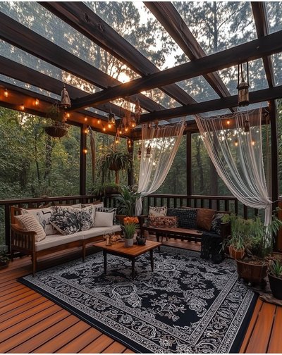 Terrasse couverte en bois au décor bohème chic Source - Lynne Chapman Pinterest Terrasse couverte en bois au décor bohème chic, avec mobilier en rotin, tapis oriental noir et blanc, guirlandes lumineuses et plantes suspendues, entourée de forêt au coucher du soleil Source - Lynne Chapman Pinterest