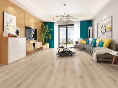 Salon lumineux et coloré avec plancher vinyle effet bois clair de la collection Magma Évolution, offert chez Céramique l’Entrepôt