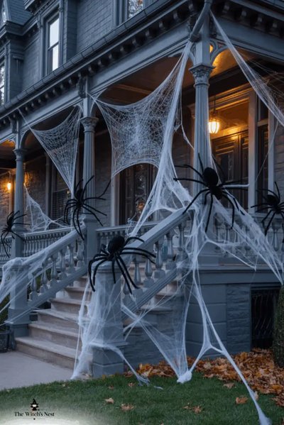 Maison Halloween décoré avec toiles et araignées Géantes