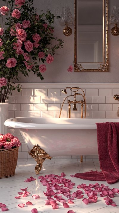 Salle de bain élégante avec baignoire à pattes dorées, décorée de roses roses, pétales au sol et robinetterie dorée Source - Malahov.Tech Pinterest