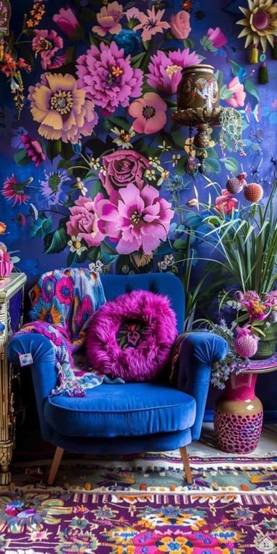Salon éclectique et coloré avec un fauteuil bleu vif, des coussins et tapis aux motifs vibrants, et un mur tapissé de grandes fleurs roses et violettes Source - Mari Sten Pinterest