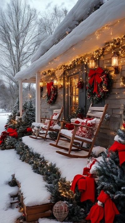 Porche enneigé décoré pour Noël avec guirlandes lumineuses, couronnes rouges, chaises berçantes et sapins garnis de nœuds rouges Source - Marielukca Pinterest
