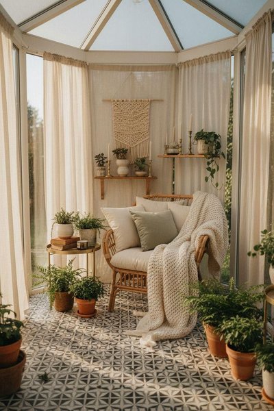 Petit solarium lumineux au style bohème, fauteuil en rotin avec coussins et jeté, plantes en pots, rideaux beiges et déco murale en macramé Source - Mattress Nut Pinterest