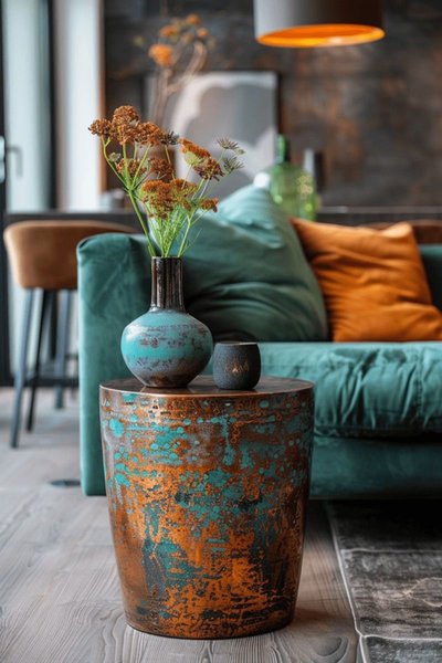 Table d'appoint ronde à l'aspect oxydé avec un vase en céramique turquoise contenant des fleurs séchées, devant un canapé vert émeraude avec coussins orange Source - Melida Paulino Pinterest