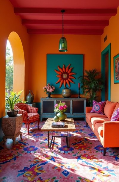 Salon vibrant de style mexicain avec murs orange, plafond rouge, tapis floral rose, mobilier coloré et décor mural en forme de soleil Source - Mexican Elegance Decor Pinterest