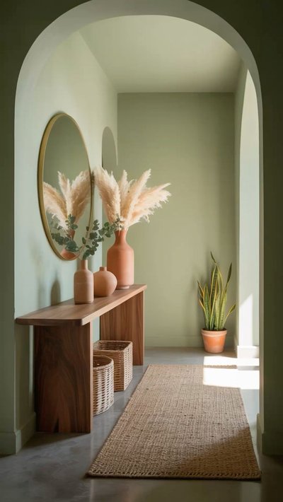 Entrée au mur vert doux avec miroir rond, console en bois, vases en terre cuite et pampas, ambiance naturelle Source - Mia Folio | Home | Living | Travel | Wellness Pinterest